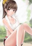  1girl anegasaki_nene blush breasts brown_eyes brown_hair cleavage knees_together_feet_apart long_hair looking_at_viewer love_plus nannacy7 ponytail pose shorts simple_background sitting smile solo tanktop towel 