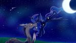  beard blue_feathers blue_fur cosmic_hair cutie_mark detailed_background discord_(mlp) draconequus duo equine eyebrows eyelashes eyes_closed facial_hair feathered_wings feathers female friendship_is_magic fur grass horn magnaluna male mammal moon my_little_pony night outside princess_luna_(mlp) red_eyes sky smile star starry_sky winged_unicorn wings 