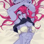  abs blue_skin bra breasts cleavage clothed clothing eyeshadow fangs female fish hair humanoid long_hair lying makeup marine muscular muscular_female red_hair sharp_teech shirt_pull small_breasts solo tktk_nmnm undertale underwear undyne upper_body video_games 