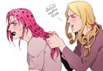  adam's_apple anger_vein black_eyes black_lipstick blonde_hair bow braiding_hair clenched_teeth diavolo from_side funny_valentine hair_bow hairdressing jojo_no_kimyou_na_bouken lipstick long_hair makeup male_focus multiple_boys nashi_y open_mouth pink_hair shirt smile steel_ball_run sweat t-shirt teeth thai translated 