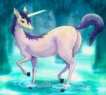  blue_hair blush butt equine female feral fur glowing hair hooves horn horse looking_back mammal melonleaf outside partially_submerged raining raised_tail smile unicorn water white_fur 