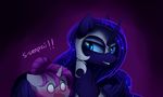  armor blue_eyes blue_feathers blue_fur cosmic_hair duo english_text equine eyelashes feathered_wings feathers friendship_is_magic fur grey_fur hair horn magnaluna mammal my_little_pony princess_luna_(mlp) purple_background purple_hair simple_background smile text winged_unicorn wings 