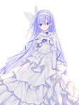  blue_eyes blue_hair bridal_gauntlets closed_mouth dress earrings expressionless frilled_dress frills hair_ribbon jewelry kyougoku_touya long_hair looking_at_viewer original ribbon solo standing very_long_hair white_background 