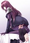  armor ass bed_sheet black_footwear bodysuit boots boots_removed breasts closed_mouth covered_nipples expressionless fate/grand_order fate_(series) feet from_behind highres knee_boots kneeling large_breasts long_hair looking_at_viewer looking_back medium_breasts naturalton parted_lips profile purple_bodysuit purple_eyes purple_hair scathach_(fate)_(all) scathach_(fate/grand_order) seiza shiny shiny_hair shiny_skin shoulder_armor shoulder_pads sidelocks sitting soles solo spaulders tearing_clothes toes torn_bodysuit torn_clothes 