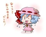  &gt;_&lt; :3 blue_hair bow brooch chibi commentary dress flying_sweatdrops full_body hair_bow handkerchief hat holding jewelry mob_cap noai_nioshi one_eye_closed pink_dress puffy_short_sleeves puffy_sleeves red_bow remilia_scarlet ribbon-trimmed_clothes ribbon_trim short_sleeves simple_background smile solo sparkle standing stitches sweat touhou translated white_background 