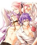 abs arm_up bead_necklace beads bloom flower green_eyes hachisuka_kotetsu half-closed_eyes heterochromia jewelry kasen_kanesada long_hair looking_at_viewer looking_to_the_side lying male_focus multiple_boys navel necklace off_shoulder on_back open_clothes open_shirt parted_lips pectorals pink_hair purple_hair sakaki_ruuto shirt simple_background smile souza_samonji touken_ranbu wavy_hair white_background 
