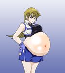  1girl _hirt belly black blonde_hair blue_gloves blue_skirt breasts brown_eyes brown_hair fat fingerless_gloves long_hair navel open_clothes open_vest shirt sleeveless stuffed stuffing tenjouin_asuka weight_gain yu-gi-oh! yuu-gi-ou_arc-v yuu-gi-ou_gx 