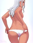  2016 artist_name ass back breasts dark_skin dated from_behind long_hair looking_back medium_breasts original panties panty_pull pink_eyes profile pulled_by_self razalor sideboob signature silver_hair solo thigh_gap topless underwear undressing white_background white_panties 