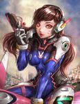  absurdres bangs between_legs bodysuit boots bracer breasts breasts_apart brown_eyes brown_hair candy cloud cloudy_sky cowboy_shot d.va_(overwatch) dated eyelashes facepaint facial_mark finger_on_trigger food gloves gun hand_between_legs handgun headphones highres holding holding_gun holding_weapon jay_b_lee lips lipstick lollipop long_hair long_sleeves makeup mecha medium_breasts meka_(overwatch) overwatch parted_lips pauldrons pilot_suit pink_lips pink_lipstick ribbed_bodysuit ruins shoulder_pads signature sitting skin_tight sky solo thigh_boots thigh_strap thighhighs turtleneck weapon whisker_markings white_gloves 