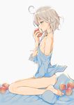  ass barefoot blue_eyes bottomless braid eating feet food fruit full_body granblue_fantasy highres long_hair male_focus nemunemu_(candy_paddle) nipples noa_(granblue_fantasy) off_shoulder open_mouth otoko_no_ko peach shirt silver_hair sitting solo 