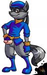 amuzoreh anthro balls bandanna belt boots bottomless brown_eyes clothed clothing erection footwear fur gloves half-closed_eyes hand_on_hip hat humanoid_penis looking_at_viewer male mammal mask penis raccoon signature simple_background sly_cooper sly_cooper_(series) smile solo standing video_games 