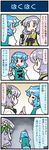  4koma artist_self-insert blue_hair bow comic commentary flower gloom_(expression) gradient gradient_background hair_flower hair_ornament heterochromia highres index_finger_raised juliet_sleeves lavender_hair long_sleeves microphone mizuki_hitoshi multiple_girls puffy_sleeves real_life_insert sweat tatara_kogasa touhou translated tsukumo_benben vest yellow_eyes 