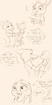  ! anthro canine carrying clothed clothing dialogue disney duo english_text female fox judy_hopps lagomorph male mammal monochrome nick_wilde rabbit simple_background sprinkah text white_background zootopia 