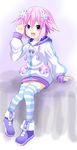  absurdres blush choker d-pad d-pad_hair_ornament hair_ornament highres hood hooded_track_jacket jacket kanamura_kanade looking_at_viewer neptune_(choujigen_game_neptune) neptune_(series) open_mouth purple_hair short_hair smile solo striped striped_legwear track_jacket 