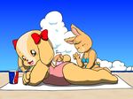  beach bikini bunny crying crying_with_eyes_open day dog furry happy maple_town multiple_girls no_humans oldschool patty_(maple_town) ribbon rolly_(maple_town) siblings sisters sitting smile solid_eyes swimsuit tears ten_(ten_nekosupi) 