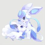  alolan_vulpix blue_eyes fang gen_4_pokemon glaceon grey_background hand_on_another's_head hideko_(l33l3b) no_humans open_mouth pokemon pokemon_(creature) simple_background 