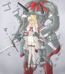  armor bare_shoulders blonde_hair blush bow commentary_request corset covering_face crown dress flail full-face_blush full_body greatsword jack_(slaintheva) jewelry kantai_collection kneehighs long_hair long_sleeves mini_crown muscle neck_ribbon off-shoulder_dress off_shoulder red_bow ribbon short_dress stand_(jojo) sword thighhighs warspite_(kantai_collection) weapon white_legwear zettai_ryouiki 