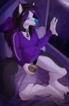  2019 4_toes 5_fingers anthro barefoot blue_nose breasts canid canine canis clothed clothing detailed_background digital_media_(artwork) dog female hair mammal purple_hair sitting smile solo toes wolflady 