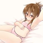  armpits blush bow bow_panties brown_eyes brown_hair camisole commentary folded_ponytail hand_on_own_stomach highres inazuma_(kantai_collection) kantai_collection looking_at_viewer matsunoki_(unknown_751) on_bed panties pink_panties polka_dot polka_dot_panties reaching_out self_shot smile solo underwear underwear_only wavy_mouth 