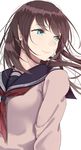  blue_eyes brown_hair cardigan long_hair looking_away neckerchief red_neckwear saitou_(lynx-shrike) school_uniform serafuku solo white_background 