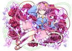  bug butterfly commentary_request danmaku eyeball floral_background floral_print flower full_body hairband hand_on_forehead heart highres insect kneehighs komeiji_satori long_sleeves looking_at_viewer mary_janes nogisaka_kushio pink_eyes pink_hair rose shirt shoes short_hair skirt solo string third_eye thorns touhou transparent_background white_legwear wide_sleeves 