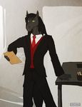  2015 5_fingers anthro belt black_fur black_hair black_tail bryant_(mcninja97) clipboard clothed clothing digital_media_(artwork) equine front_view fur green_eyes hair hi_res holding_object horse looking_at_viewer male mammal necktie pants portrait purplepardus signature sketch solo standing suit table three-quarter_portrait 