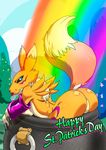  anthro big_breasts black_sclera blue_eyes breast_squish breasts butt clothing digimon elbow_gloves female fur gloves holidays kandlin pose raised_tail renamon smile solo st._patrick&#039;s_day tongue tongue_out white_fur yellow_fur 