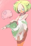  1girl amiami bel_(pokemon) blonde_hair blue_eyes blush camisole female munna pink_background pokemon pokemon_(creature) pokemon_bw undressing 