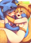  2016 24cakes abstract_background animal_humanoid armpits blonde_hair blue_hair blush bottomless breasts canine clothed clothing duo female female/female fox fox_humanoid hair humanoid mammal moonlight_flower nipples ragnarok_online saliva saliva_string shirt_pull sitting tongue tongue_out video_games yellow_eyes 