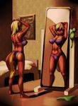  alexart1275 anthro blonde_hair clothing detailed_background equine fan_character female hair inside mammal midriff my_little_pony nude red_skin standing underwear wide_hips yellow_eyes 