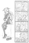 4koma assam bangs_pinned_back bbb_(friskuser) closed_eyes comic commentary_request cup darjeeling girls_und_panzer greyscale hair_ribbon highres holding holding_cup keyboard_(computer) knee_up leg_hug loafers long_hair monitor monochrome multiple_girls necktie open_mouth orange_pekoe pantyhose ponytail revision ribbon school_uniform shoes shoes_removed single_shoe sitting smile st._gloriana's_school_uniform sweatdrop sweater teacup translation_request typing 