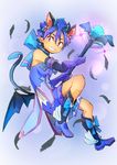  animal_ears blue_hair blush boots bow cat_ears demon_boy demon_tail demon_wings elbow_gloves extra_ears full_body geetgeet gloves grin horns magical_boy male_focus mini_wings open_mouth pointy_ears pop-up_story purple_eyes smile solo tail wand wings ziz_glover 