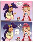  2girls 2koma ? absurdres axew bangs bare_arms baseball_cap big_hair black_hair blonde_hair blue_eyes blush brown_eyes closed_eyes comic dark_skin fang fingerless_gloves frown gazing_eye gen_5_pokemon gloves gradient gradient_background hair_ornament hand_on_own_chin hands_on_own_cheeks hands_on_own_face hat heart highres holding iris_(pokemon) jacket laughing long_hair multiple_girls open_mouth pointing pokemon pokemon_(anime) pokemon_(creature) pokemon_bw_(anime) pokemon_xy_(anime) purple_hair ribbon satoshi_(pokemon) serena_(pokemon) short_hair sleeveless sleeveless_duster sleeves_past_wrists smile sparkle speech_bubble translated triangle_mouth two_side_up very_long_hair wide_sleeves 