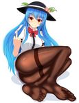  black_hat black_legwear blue_hair blush bow bowtie chinese closed_mouth commentary damao_yu dress_shirt feet food frills fruit full_body hat highres hinanawi_tenshi leaf long_hair looking_at_viewer lying md5_mismatch middle_finger no_shoes on_side orange_eyes pantyhose peach puffy_short_sleeves puffy_sleeves red_bow red_neckwear shirt short_sleeves sidelocks smile soles solo thighband_pantyhose toes touhou very_long_hair white_background white_shirt 