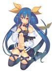  bare_shoulders black_legwear blue_hair breasts choker dizzy guilty_gear hair_ribbon hajime_kaname highres kneeling long_hair medium_breasts no_wings red_eyes ribbon simple_background solo tail tail_ribbon thighhighs twintails underboob white_background yellow_ribbon 
