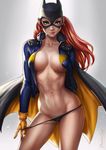  abs barbara_gordon batgirl batman_(series) black_panties breasts brown_hair cape cleavage dandon_fuga dc_comics gloves green_eyes groin jacket large_breasts long_hair looking_at_viewer mask navel no_bra open_clothes open_jacket panties panty_pull pulled_by_self purple_jacket red_hair smile solo stomach superhero toned underwear undressing 