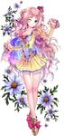  atelier_(series) atelier_meruru bare_legs blue_eyes blush boots bow breasts cape crossed_legs crown detached_sleeves dress flower full_body highres juliet_sleeves kishida_mel long_sleeves looking_at_viewer merurulince_rede_arls multicolored multicolored_cape multicolored_clothes one_eye_closed pink_hair puffy_sleeves red_bow short_dress simple_background skirt small_breasts solo white_background yellow_skirt 