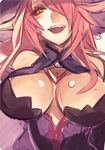  bare_shoulders blazblue breasts cleavage hat hyakuhachi_(over3) konoe_a_mercury large_breasts long_hair looking_at_viewer red_hair smile solo witch_hat yellow_eyes 