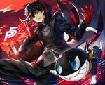  amamiya_ren black_hair blue_eyes cat dutch_angle gloves kusano_shinta male_focus mask mask_removed morgana_(persona_5) persona persona_5 red_gloves short_hair silhouette smile trench_coat 