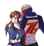  1girl bangs bodysuit breasts brown_hair cowboy_shot d.va_(overwatch) face_mask facepaint facial_mark finger_to_mouth from_behind gloves hand_on_hip headphones jacket long_hair long_sleeves looking_at_viewer looking_back looking_to_the_side mask medium_breasts melting_(youyoutoktok) overwatch pilot_suit scar short_hair shoulder_pads signature simple_background skin_tight soldier:_76_(overwatch) swept_bangs visor whisker_markings white_background white_gloves white_hair 