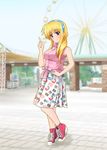  blonde_hair blurry blush breasts day depth_of_field diesel-turbo eyebrows eyebrows_visible_through_hair fate_testarossa full_body large_breasts long_hair looking_at_viewer lyrical_nanoha mahou_shoujo_lyrical_nanoha_strikers mizuki_nana outdoors red_eyes seiyuu_connection sleeveless solo standing standing_on_one_leg 