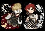  1girl bad_id bad_pixiv_id beatrice blonde_hair blue_eyes bow bug butterfly cape chair chess_piece chessboard choker crossed_legs dress flower grey_eyes hair_bun hair_flower hair_ornament holding holding_pipe insect kiseru necktie pipe red_hair rose sitting smile smoke sofy umineko_no_naku_koro_ni ushiromiya_battler wide_sleeves 