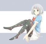  bow brown_eyes grey_hair highres kawaiimashimaro no_shoes print_legwear red_bow school_uniform sitting skirt smile solo star star_print tonari_no_seki-kun white_skirt yokoi_rumi 