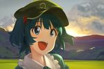  anime_coloring blue_eyes blue_hair blurry cloud depth_of_field grass hair_bobbles hair_ornament happy hat hill kawashiro_nitori looking_at_viewer open_mouth portrait shiratama_(hockey) short_hair sky smile solo sunlight sunrise touhou two_side_up 