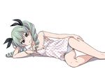  anchovy bangs bare_legs bare_shoulders blush breasts brown_eyes chemise cleavage drill_hair girls_und_panzer green_hair hair_ribbon hand_on_own_cheek hand_on_own_thigh hiroyuki long_hair looking_at_viewer lying off_shoulder on_side panties polka_dot ribbon small_breasts solo strap_slip striped striped_panties twin_drills twintails underwear 