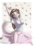  2016 5_fingers allatir anthro breasts brown_hair canine clothed clothing dog female hair kneeling long_hair looking_at_viewer mammal pink_nose smile solo wide_hips 