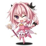  ;d akatuti astolfo_(fate) boots bow braid chibi cosplay dress fang fate/apocrypha fate/kaleid_liner_prisma_illya fate_(series) gloves hair_bow holding holding_wand magical_girl magical_ruby male_focus one_eye_closed open_mouth otoko_no_ko pink_hair prisma_illya prisma_illya_(cosplay) purple_eyes single_braid smile standing standing_on_one_leg v v-shaped_eyebrows v_over_eye wand white_gloves 