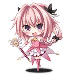  :d akatuti astolfo_(fate) boots bow braid chibi cosplay dress fang fate/apocrypha fate/kaleid_liner_prisma_illya fate_(series) gloves hair_bow holding holding_wand magical_girl magical_ruby male_focus open_mouth otoko_no_ko pink_hair prisma_illya prisma_illya_(cosplay) purple_eyes single_braid smile v-shaped_eyebrows wand white_gloves 