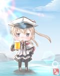  alcohol artist_name beer beer_mug black_gloves blonde_hair capelet celtic_knot chibi commentary_request cross cup day gloves graf_zeppelin_(kantai_collection) grey_eyes hair_between_eyes hat holding holding_cup iron_cross jacket kantai_collection long_hair military military_hat military_uniform miniskirt mountain necktie ocean open_mouth pantyhose peaked_cap sidelocks skirt solo sun sunlight taisa_(kari) twintails uniform 
