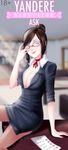  adjusting_eyewear breasts brown_eyes brown_hair choker english genka_kunahito glasses hair_bun large_breasts lipstick looking_at_viewer makeup neck_ribbon office opaque_glasses open_clothes pantyhose red-framed_eyewear ribbon russian smile solo teacher translated yandere_simulator 